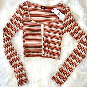 BDG brown burnt orange red and white striped long sleeve crop top NWT- M
